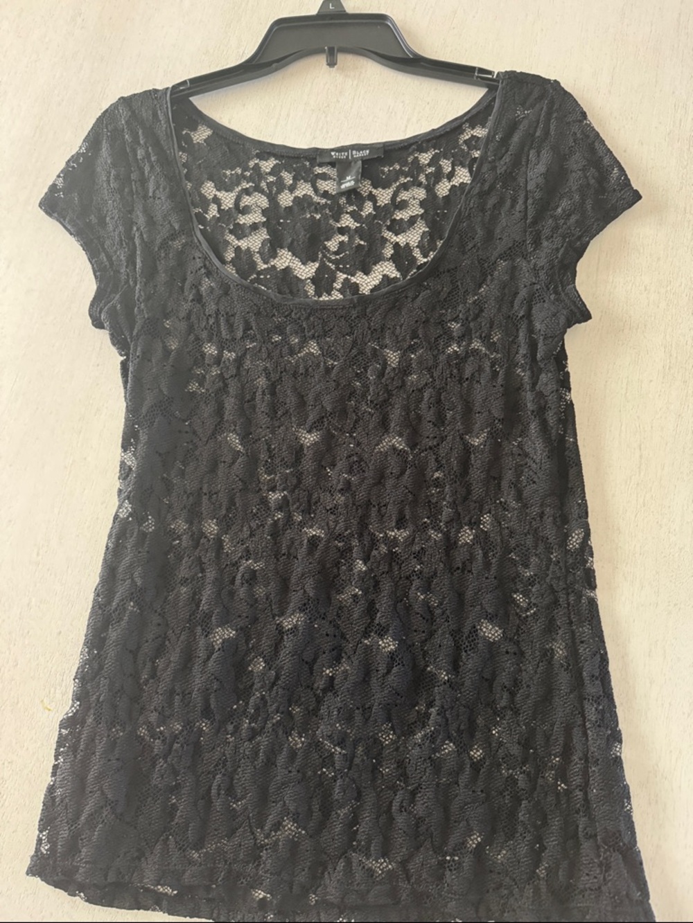 White House Black Market Black Lace Short Sleeve Scoop Neck Top